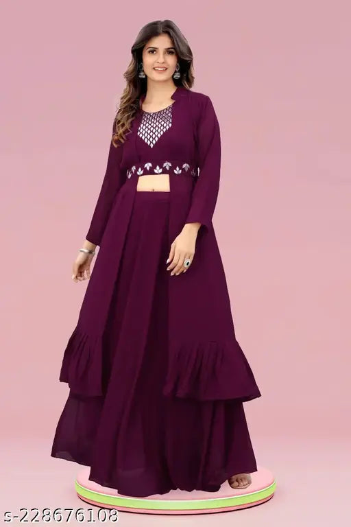 Women's embroidered Gotapatti crop top with shruges, Georgette fabric, long sleeves