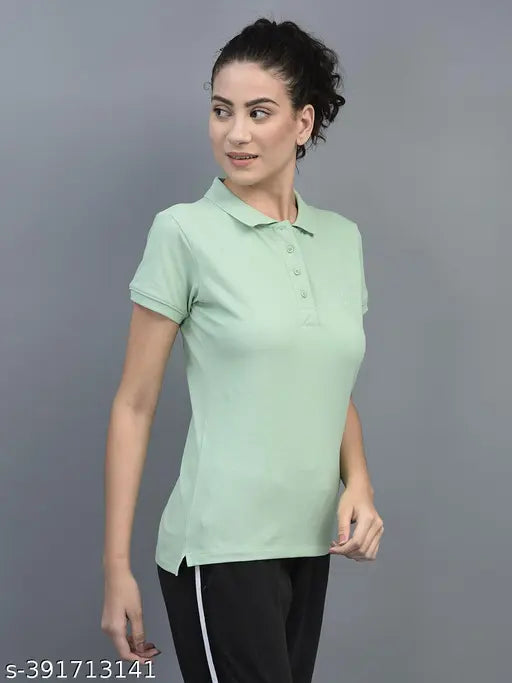 Green cotton-blend Dollar Women's Solid Polo Neck T-shirt, short sleeves, embroidered logo branding