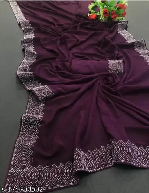 Vichitra Silk saree with HOT FIX BORDER 100, solid pattern and diamond work lace border - India