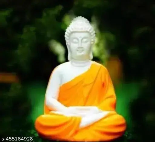 Handcrafted orange resin Dhyan Buddha statue, perfect for home, office, or car decor. Made by LB Traders