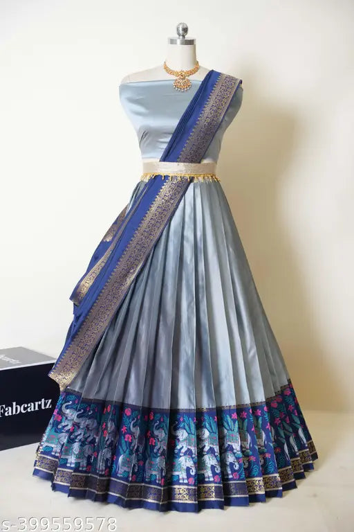 South Indian Style Half Saree set in litchi silk with zari work, semi-stitched choli and dupatta, 40in waist, 42in length, tussled edges, and beautiful belt