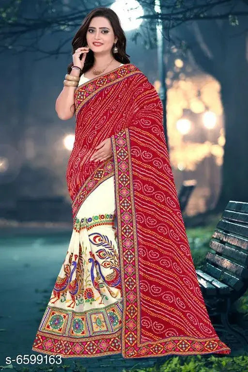 Red and gold patterned georgette saree