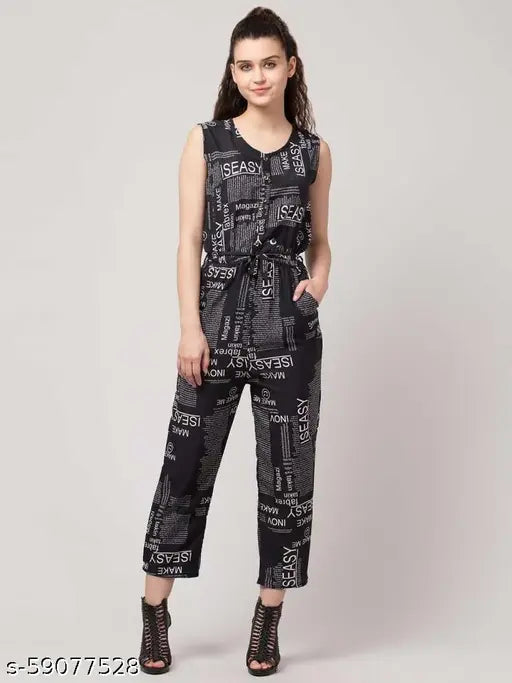Trendy Black Poly Crepe Jumpsuit, printed net pattern, suitable for casual occasions