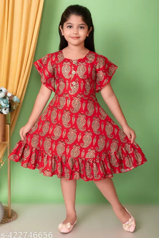 Red and gold floral frock for girls