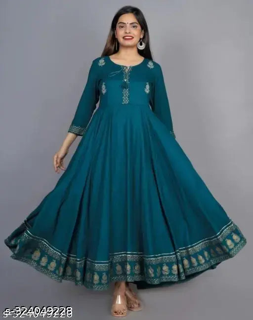 Rudraksha embroidered rayon flared Anarkali Kurta gown for women, three-quarter sleeve, printed combo. Rayon, India origin