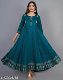 Rudraksha embroidered rayon flared Anarkali Kurta gown for women, three-quarter sleeve, printed combo. Rayon, India origin