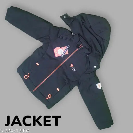 Black and orange padded boys jacket with hood, zipped pockets