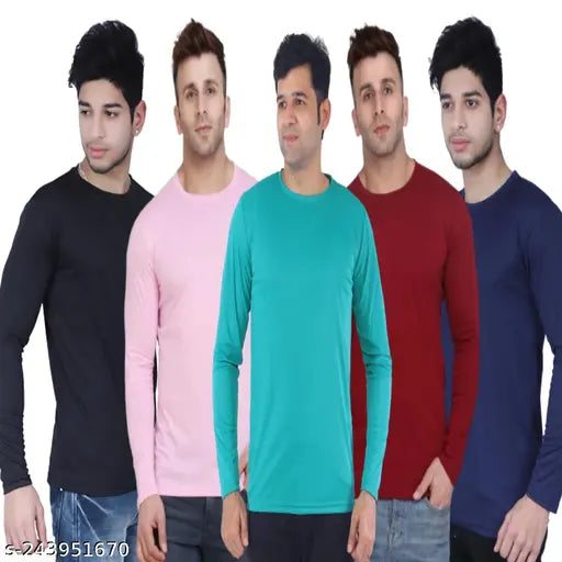 Nylon long-sleeve solid men's t-shirt combo (pack of 5), Indian-made casual tops