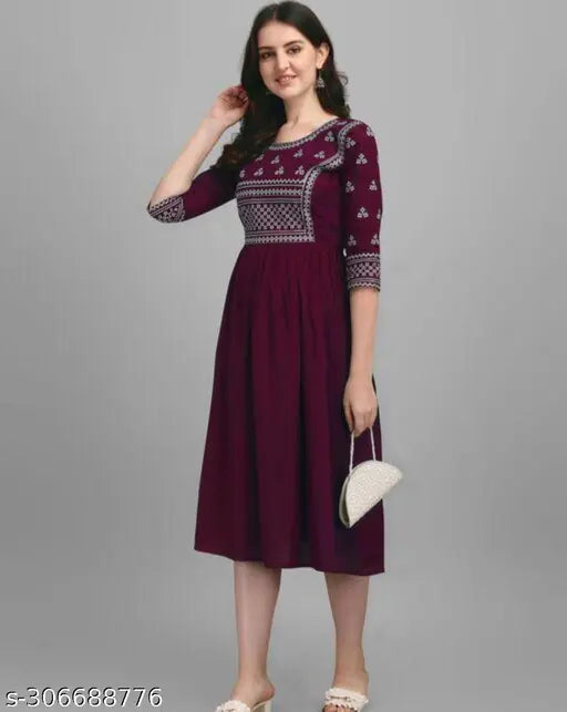 Maroon rayon cotton kurti with embroidery and flared sleeves