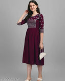 Maroon rayon cotton kurti with embroidery and flared sleeves
