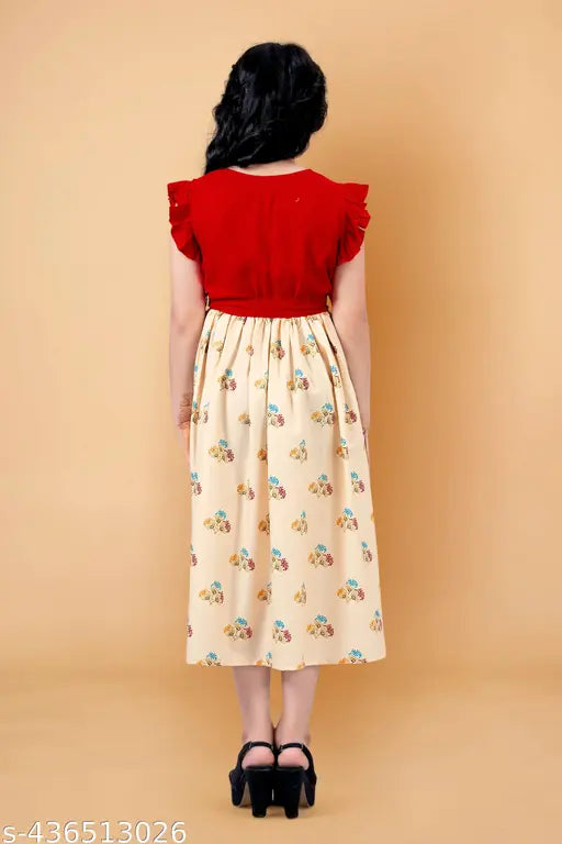 Red dress with crepe material and floral print, calf length