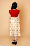 Red dress with crepe material and floral print, calf length