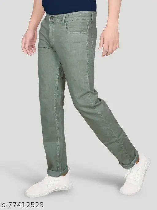 Black cotton men's jeans, regular fit with light olive color, size 28 or 40, on model for display