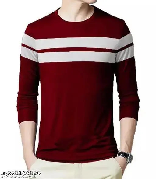 Maroon cotton blend striped t-shirt for men, long sleeves, India origin