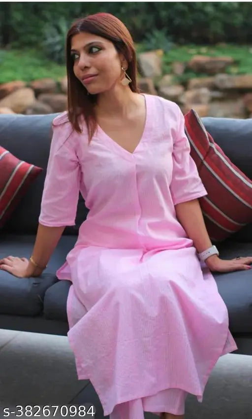 Ayera Women cotton katha kurta sets in baby pink with 3/4 sleeves, round neck, and A-line style