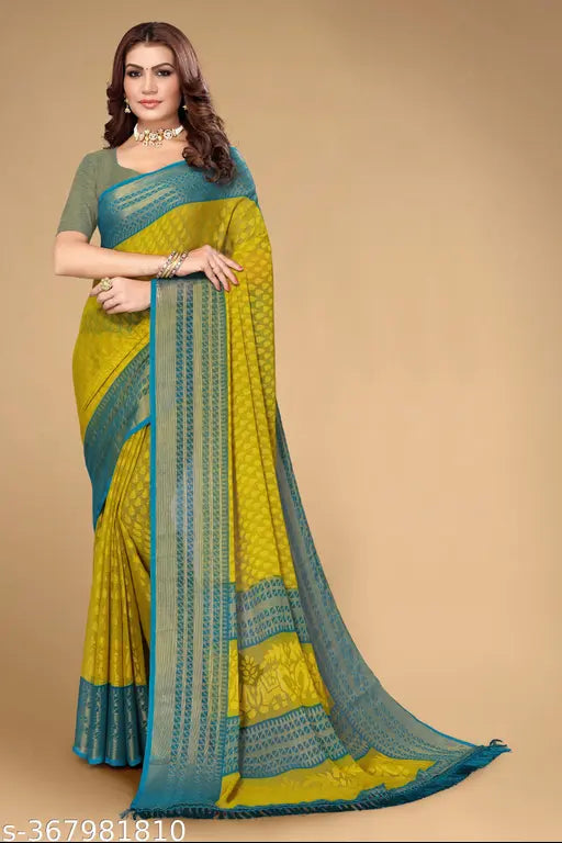 Chiffon brasso tilak print jhaler saree with matching border and unstitched blouse. Traditional Indian saree featuring tassels, latkans, and striped pattern. Perfect for weddings, parties, and gatherings. Fit for young women and ladies. Made from Jacquard fabric, free size (5m saree length, 0.8m blouse length). Origin: India