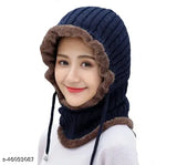 Dark blue knit beanie with attached scarf, warm winter headwear