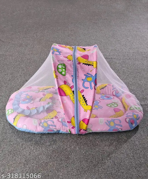 Cotton, animal-printed, foldable toddler mattress with mosquito net & pillow (0-3 months), Indian-made