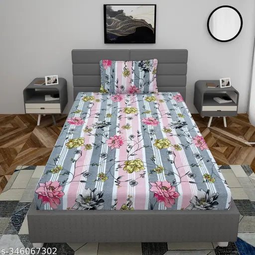 Glace cotton floral abstract fitted single bedsheet with pillow cover, superfine quality, ideal for adult summer use