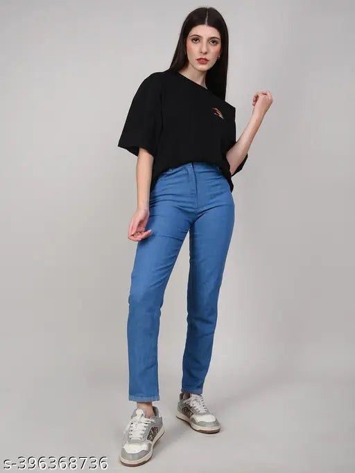 Light blue stretchable premium denim jeans for girls. Plus size, mid-waist, ankle cuff with elastic waistband