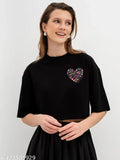 Pink heart half-sleeve black cotton crop top, loose fit, crew neck, casual summer wear for women and girls (S - XL)