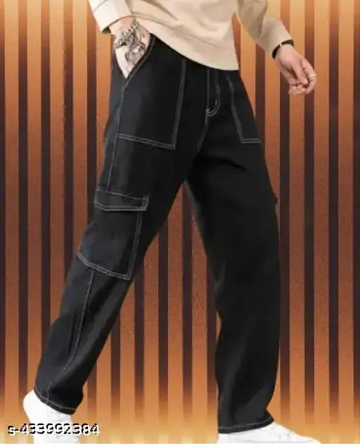 Black denim men's cargo pants with white thread detail, featuring six pockets, solid pattern, size 28/30/32, made in India