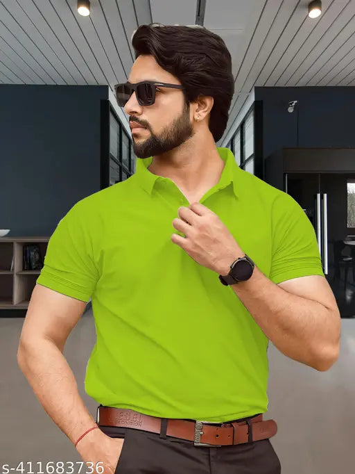 Artful Charms Stylish Light Green Polo Dot Knit T-shirt Collar Neck Cotton Blend T-shirt for Men And Women