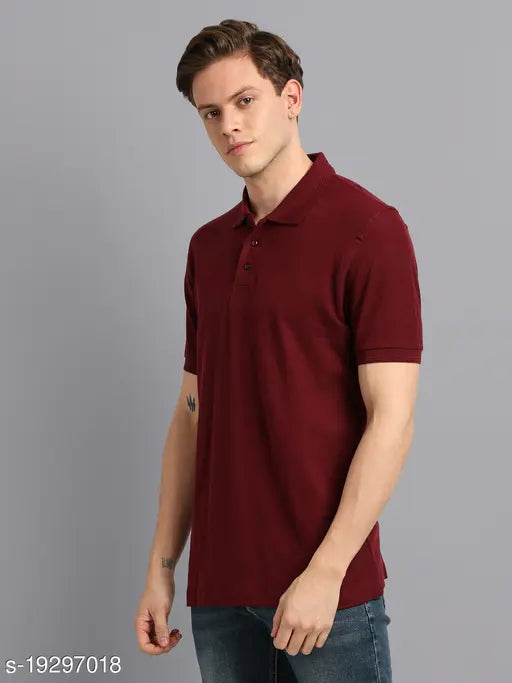Maroon cotton solid polo t-shirt for men, soft and breathable with short sleeves