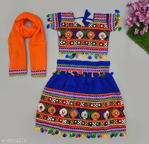 Pink cotton Navratri Garba Ghagar Choli with mirror work, short sleeves and matching lehenga and chania choli