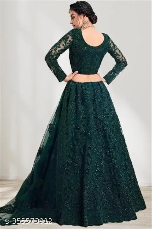 Embroidered net lehenga-choli set with dupatta, semi-stitched for Indian bridal wear