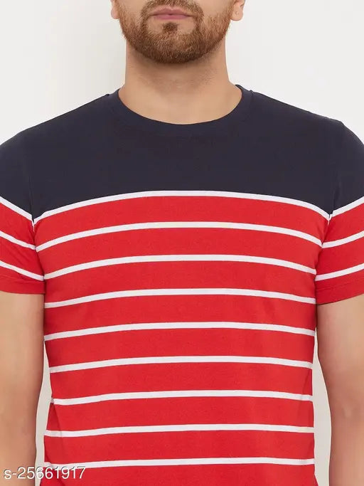 Men's red cotton blend round neck t-shirt with short sleeves and printed pattern. Print displays colorblock design and features half sleeve length. Product is sized M (40 in chest, 27.5 in length) or L (42 in chest, 28 in length). Originates from India