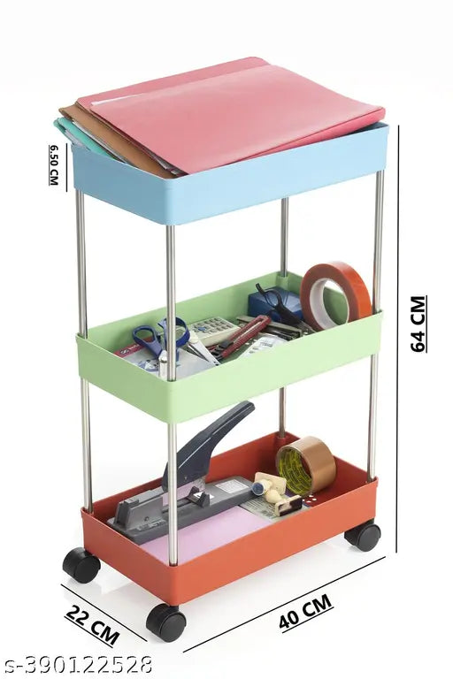 Red and blue plastic vegetable kitchen trolley with three shelves