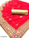 Red satin saree with gold trim