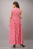 Printed pink rayon sleeveless gown, vibrant floral pattern on display, size M-XXXL, made in India