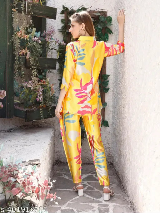 Premium satin lounge wear co-ord set for women, light mustard color, long sleeve, printed combo design