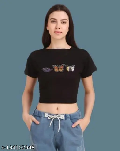 Black cotton printed crop t-shirt for women, short sleeves with vibrant design