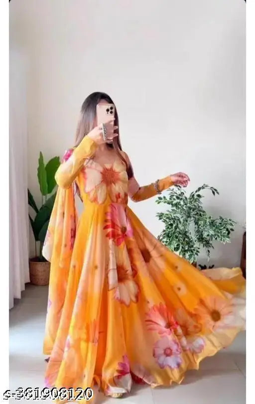 Georgette beautiful flowers printed long sleeve kurta set, round neck, full length with dupatta - party wear for women and girls