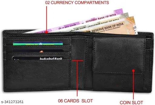 Black PU leather men's wallet, slim design with 3 card slots & 5 compartments for daily use. High-quality material, soft to touch yet durable and lightweight. Perfect for travel or evening parties. Made in India