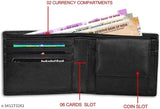 Black PU leather men's wallet, slim design with 3 card slots & 5 compartments for daily use. High-quality material, soft to touch yet durable and lightweight. Perfect for travel or evening parties. Made in India