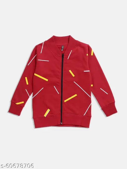 Red boys round neck full sleeve zip cotton sweatshirt with maniac print