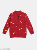 Red boys round neck full sleeve zip cotton sweatshirt with maniac print