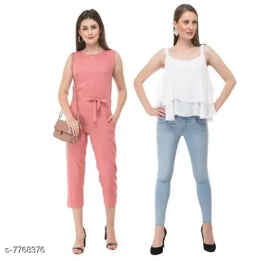 Crepe sleeveless women's jumpsuit, solid net design in classy graceful style, available in sizes S, M, L (S: 23inL, 30inW, M: 23inL, 30inW, L: 23inL, 30inW)