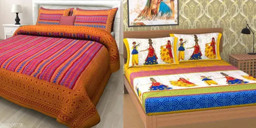 Sanganeri cotton queen-sized bedsheets set of 2, 4 pillow covers, 210 thread count, Indian handloom