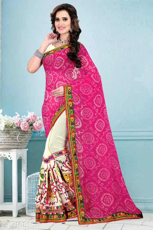 Georgette embroidered half and half saree with Bnadhani pallu