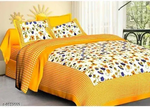 Yellow dreamline decor Jaipuri printed cotton double bedsheets with 2 pillow covers, 160 thread count, queen size, India origin