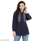 Navy blue rayon embroidered tunic, long sleeves, intricate Indian craftsmanship