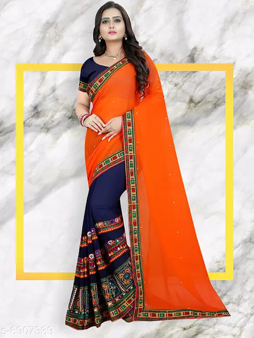 Orange Georgette saree with Kutchi embroidery, full length designer wear