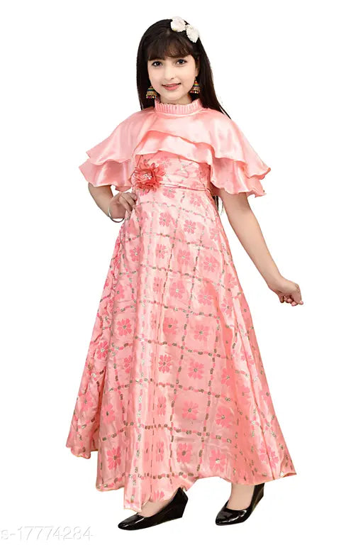 Pink silk frock, long sleeves, floor length, pack of 1