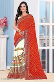 A red and beige saree with a floral border