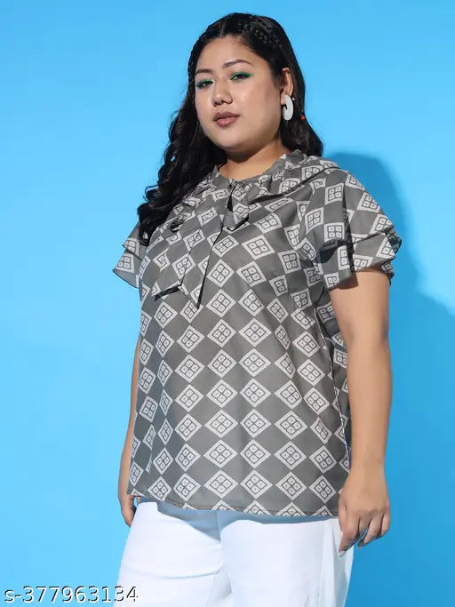 Austivo stylish women's checked crepe top, short sleeves, size XL (bust 46in, length 28in), India-made fashion